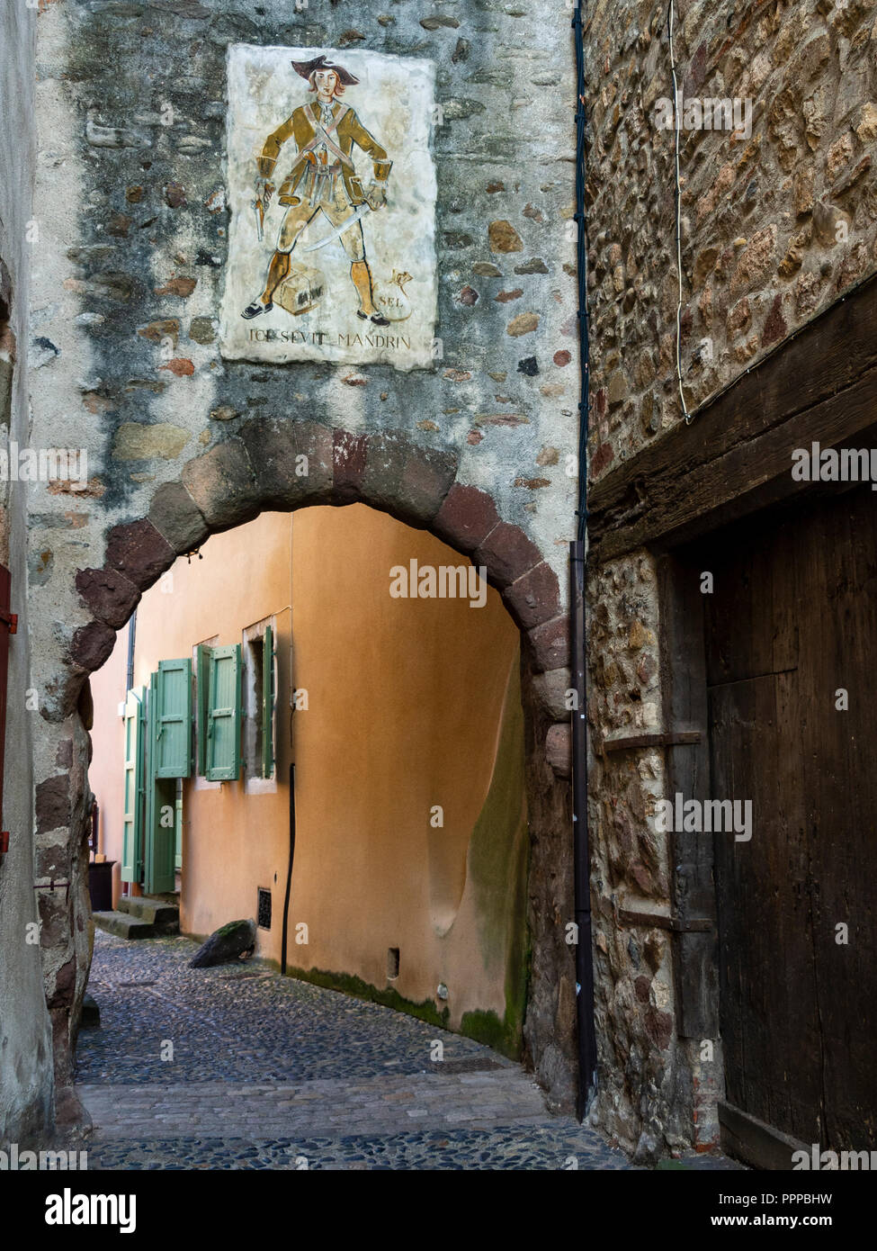 Portrait of Mandrin popular french brigand in the Mandrin passage, Brioude. Haute-Loire. Auvergne. France. Stock Photo