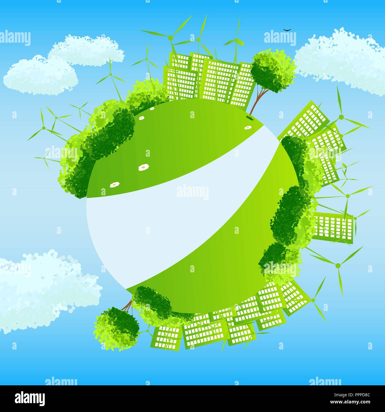 Green globe with trees, sities and wind turbines Stock Vector Image ...