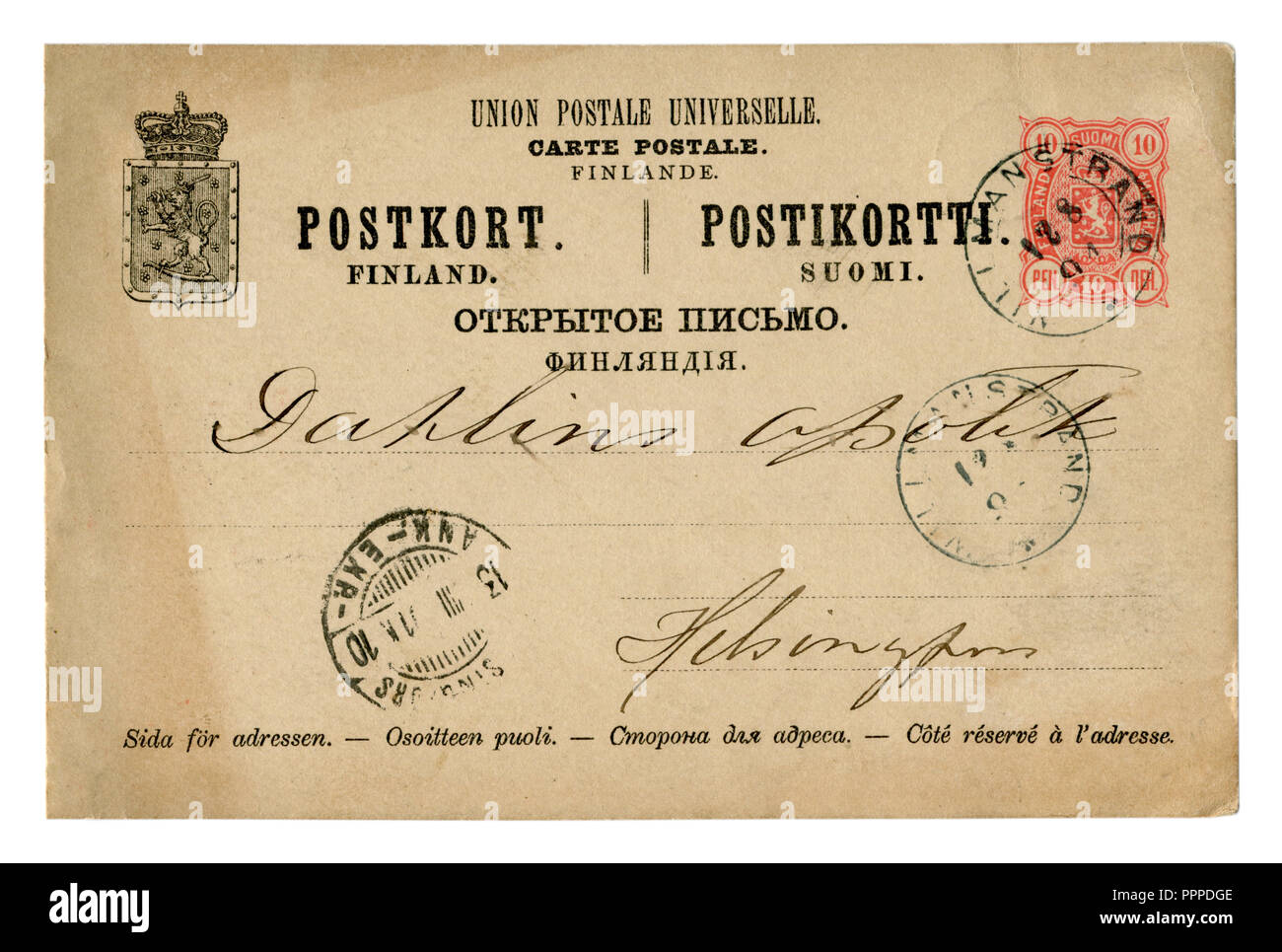 Finnish historical postal card: letter in black ink. Red imprinted stamp. The postmark. 1891, Grand Duchy of Finland, Russian empire Stock Photo