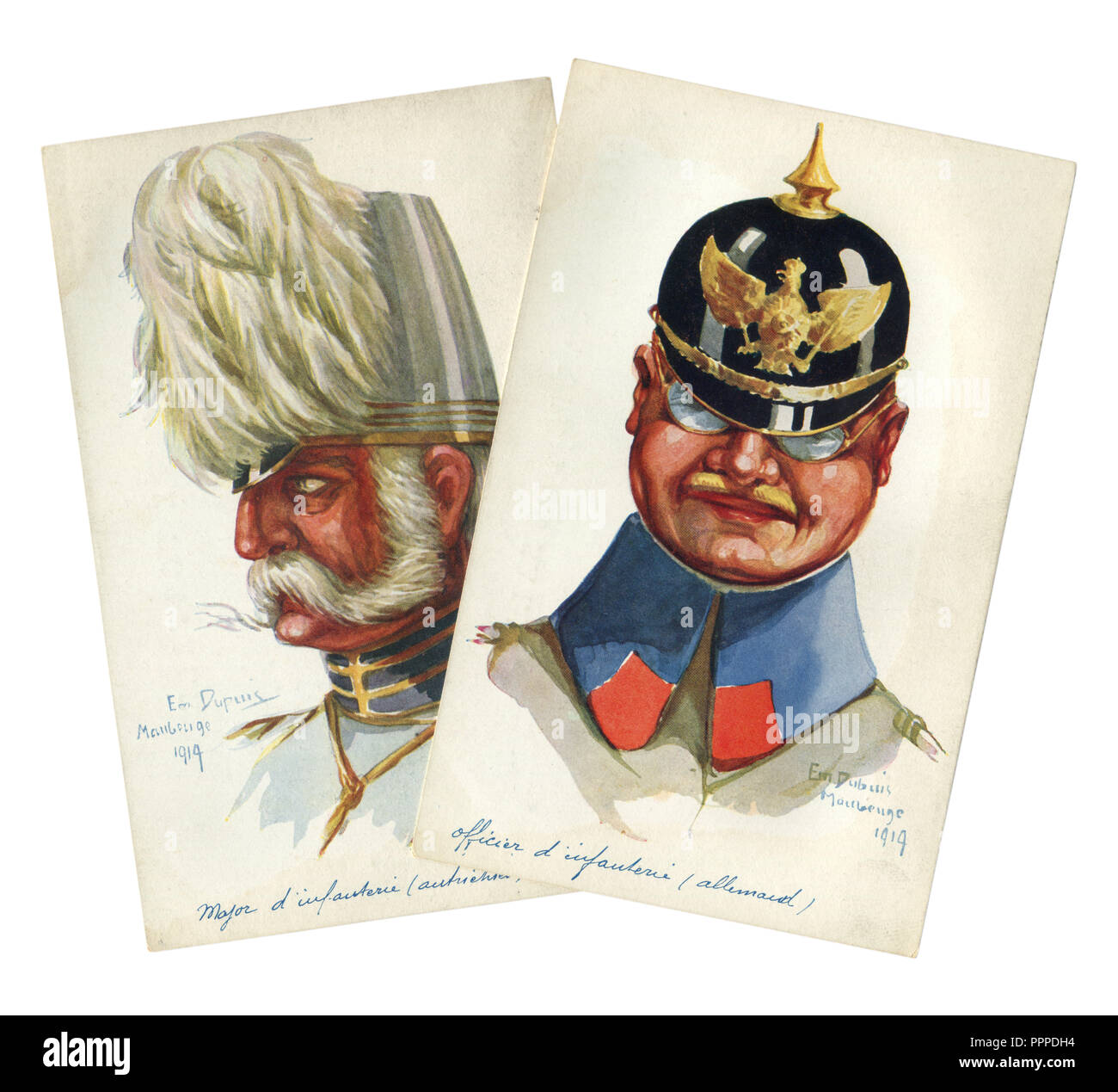 Two French historical postcards: portraits of Austrian and German officers of infantry in military uniform. The first world war 1914-18. Stock Photo