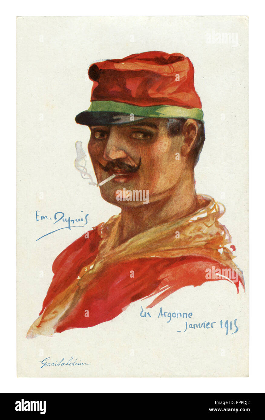 French historical postcard: Portrait of an Italian volunteer Garibaldi in a red shirt and cap, smoking a cigarette. world war one 1914-1918. Italy Stock Photo
