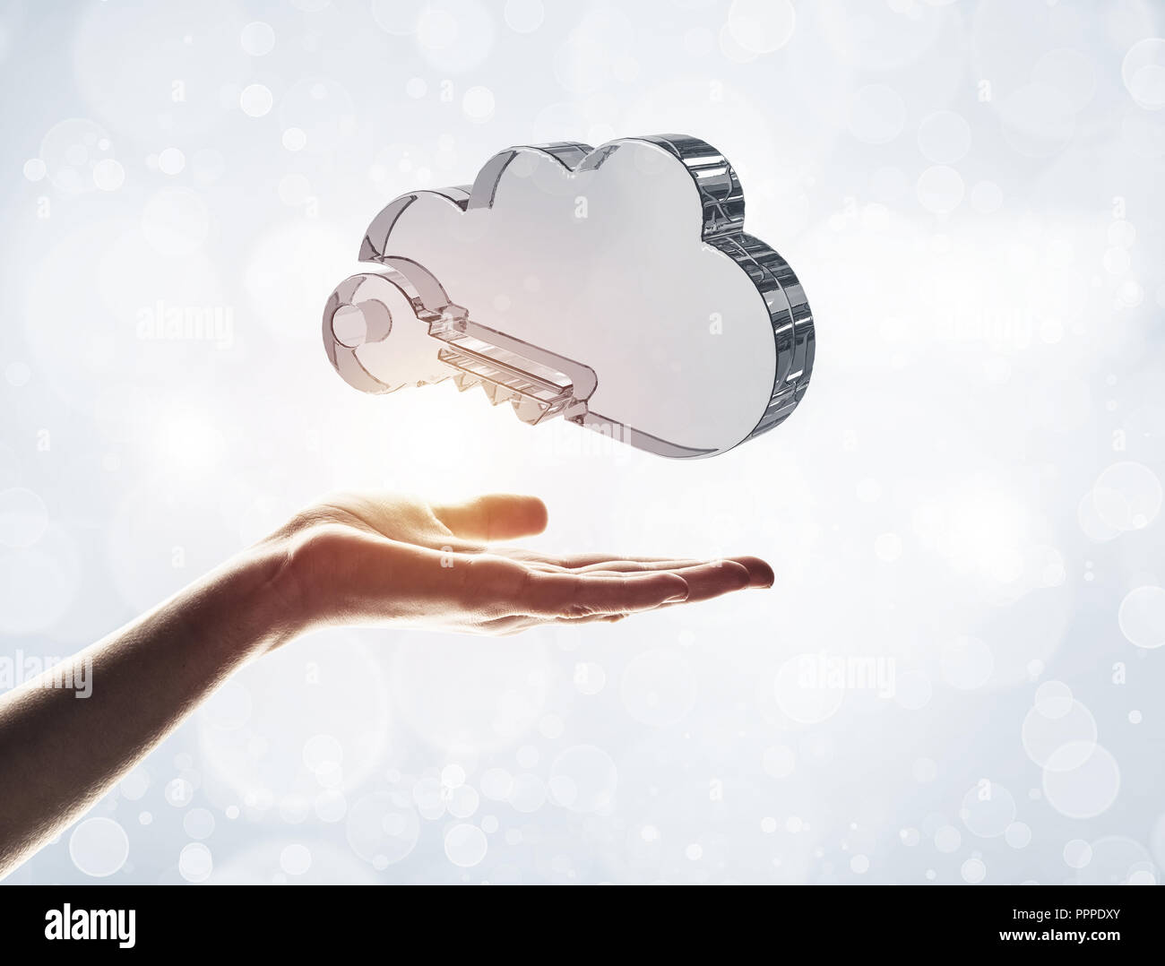 Cloud computing concept with glass symbol shown in hand Stock Photo