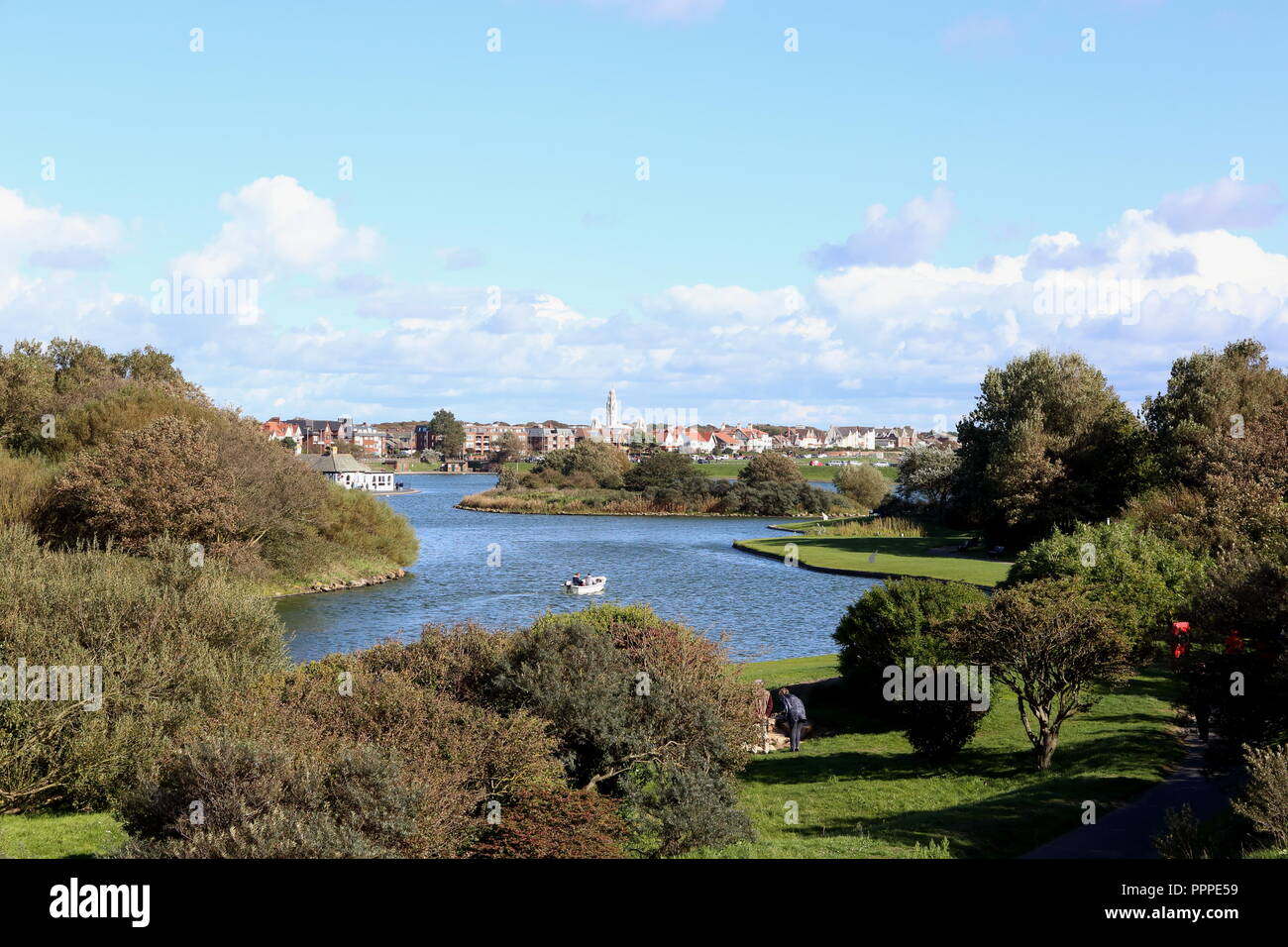 Fairhaven Lake, Lytham, Lancashire. A popular tourist area with views across the lake to the Famous 'White Church' at Lytham. Stock Photo