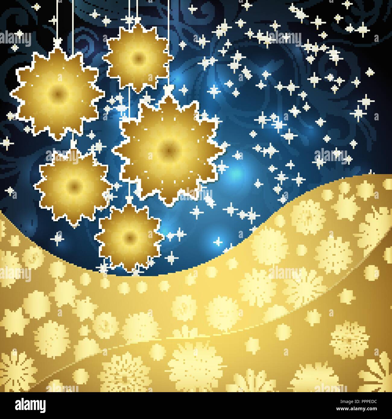 Golden snowflakes and frosty patterns on a dark blue background ...