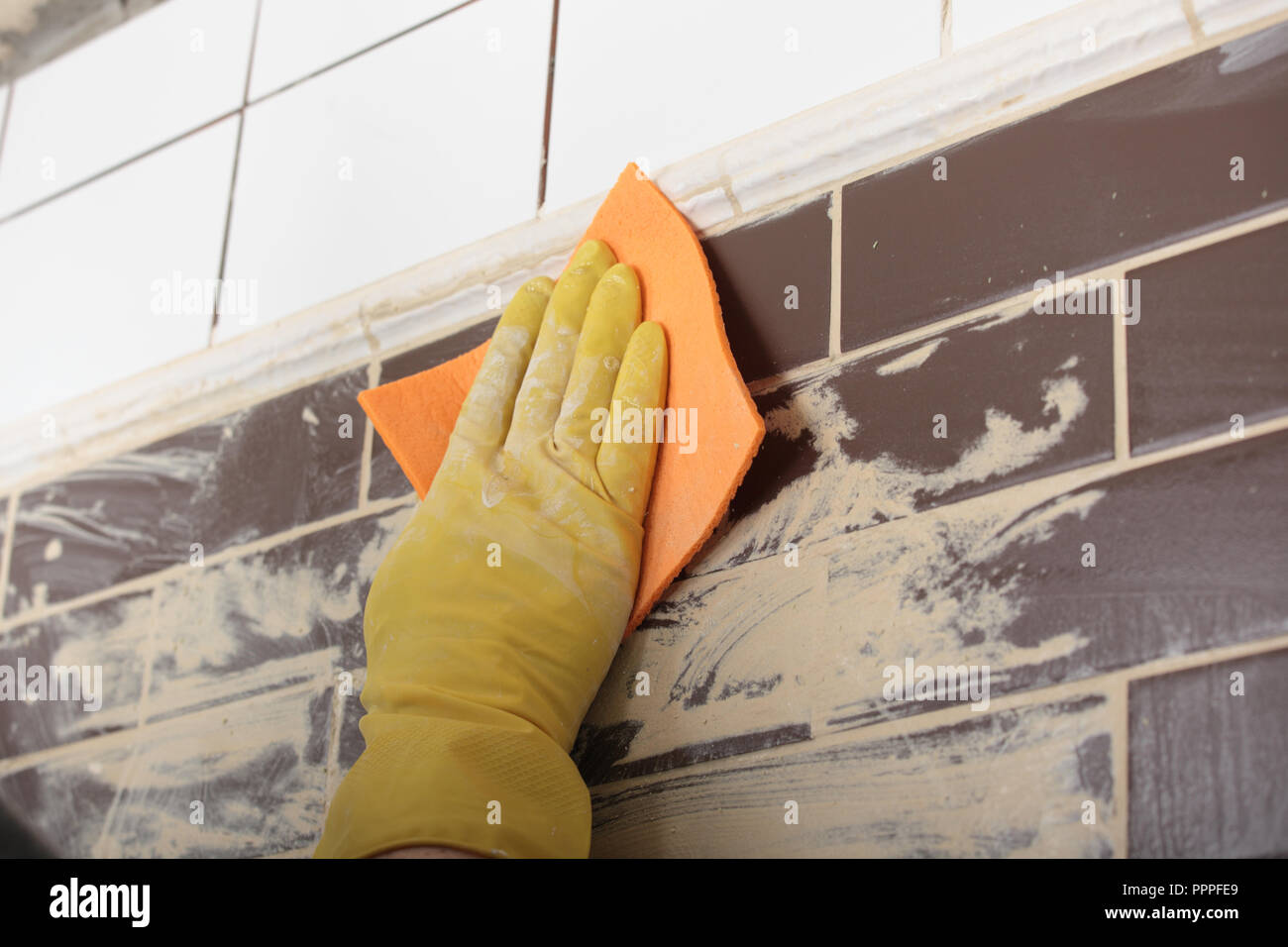 Contractor grouting ceramic tiles on a wall Stock Photo Alamy