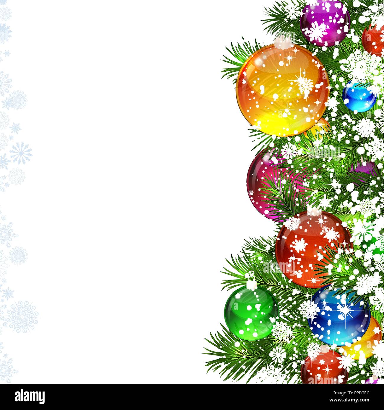 Christmas background with snow-covered Christmas tree decorated with glass balloons Stock Vector