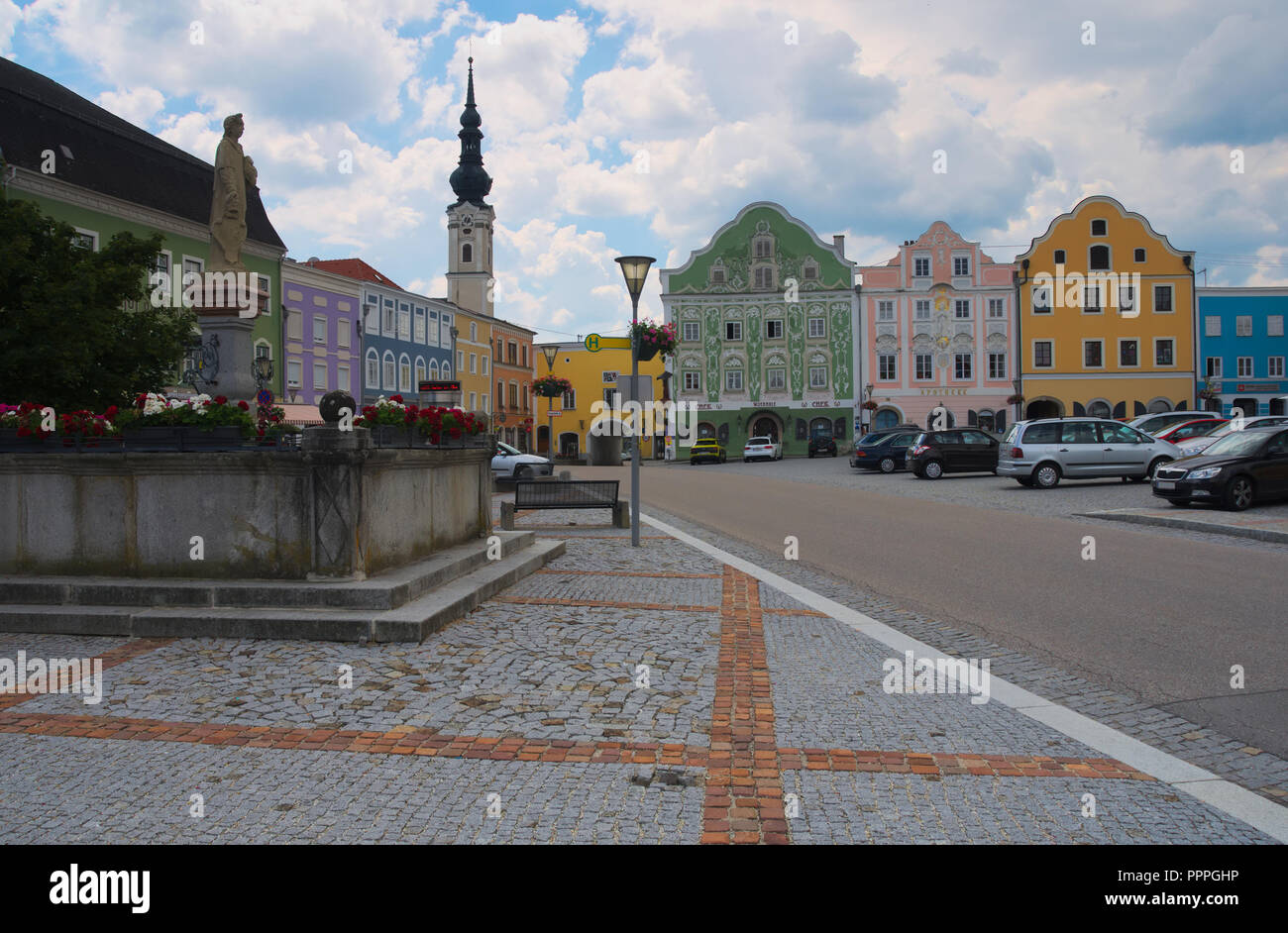 City square of Obernberg am Inn, Upper Austria Stock Photo