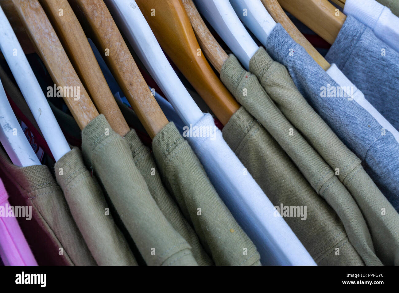 Berlin, Germany, August 31, 2018: Full Frame Close-Up of T-Shirts on Hangers Outside Fashion Shop Stock Photo