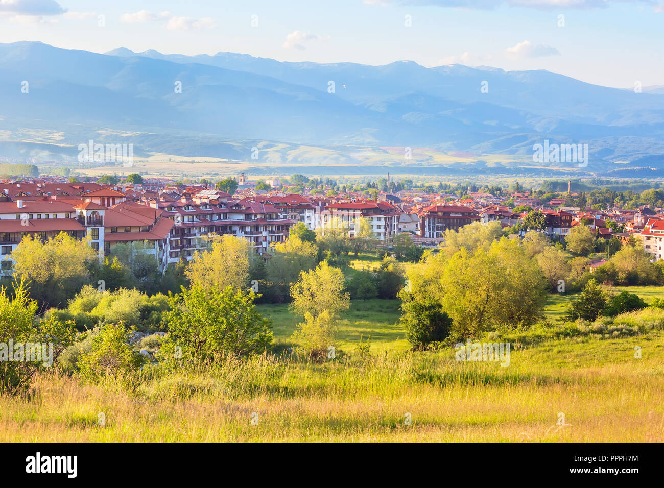 Summer town panorama of bulgarian all season resort Bansko, Bulgaria ...