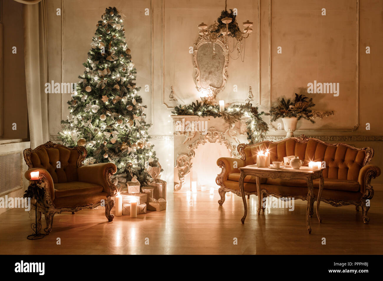 Christmas Tree Garlands Candles Lanterns Gifts In The Evening