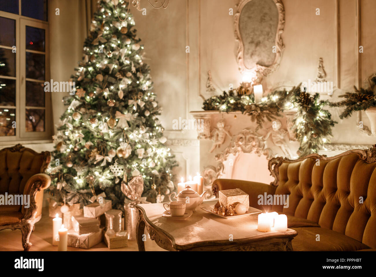 Christmas Tree Garlands Candles Lanterns Gifts In The Evening