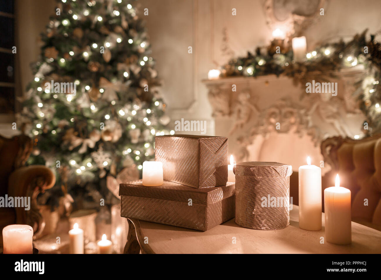 Christmas Tree Garlands Candles Lanterns Gifts In The Evening