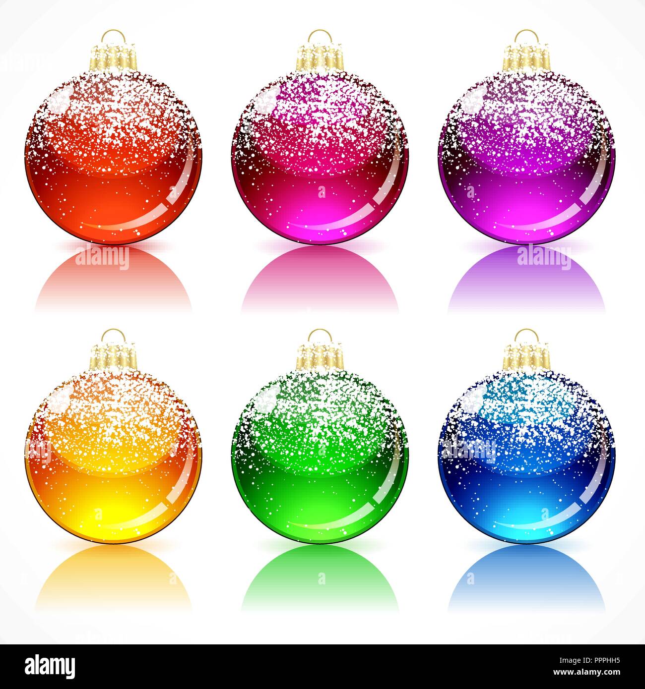Christmas glass balls with a golden cap and loop, powdered snow Stock ...