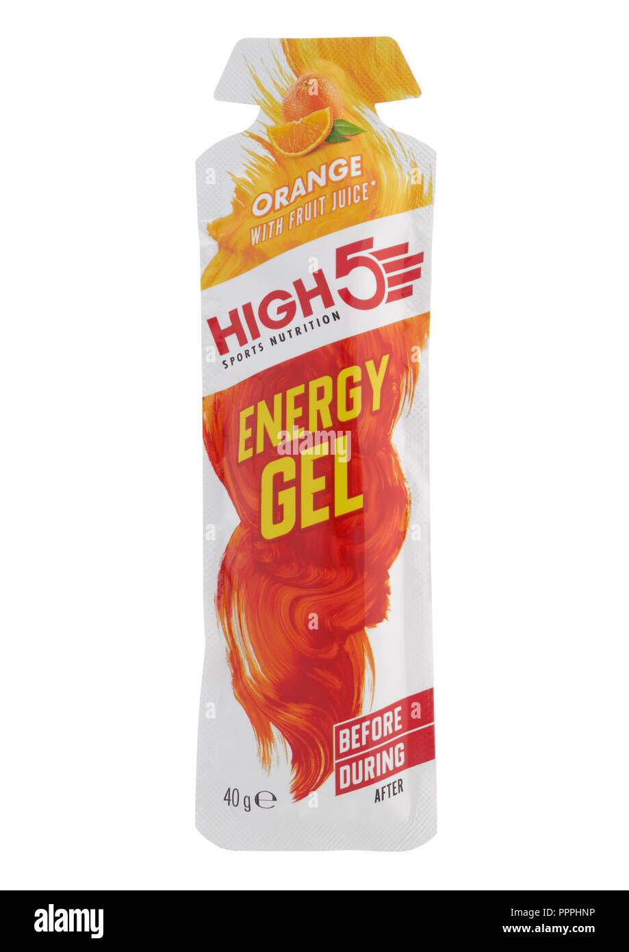 High 5 orange energy gel on white background Stock Photo