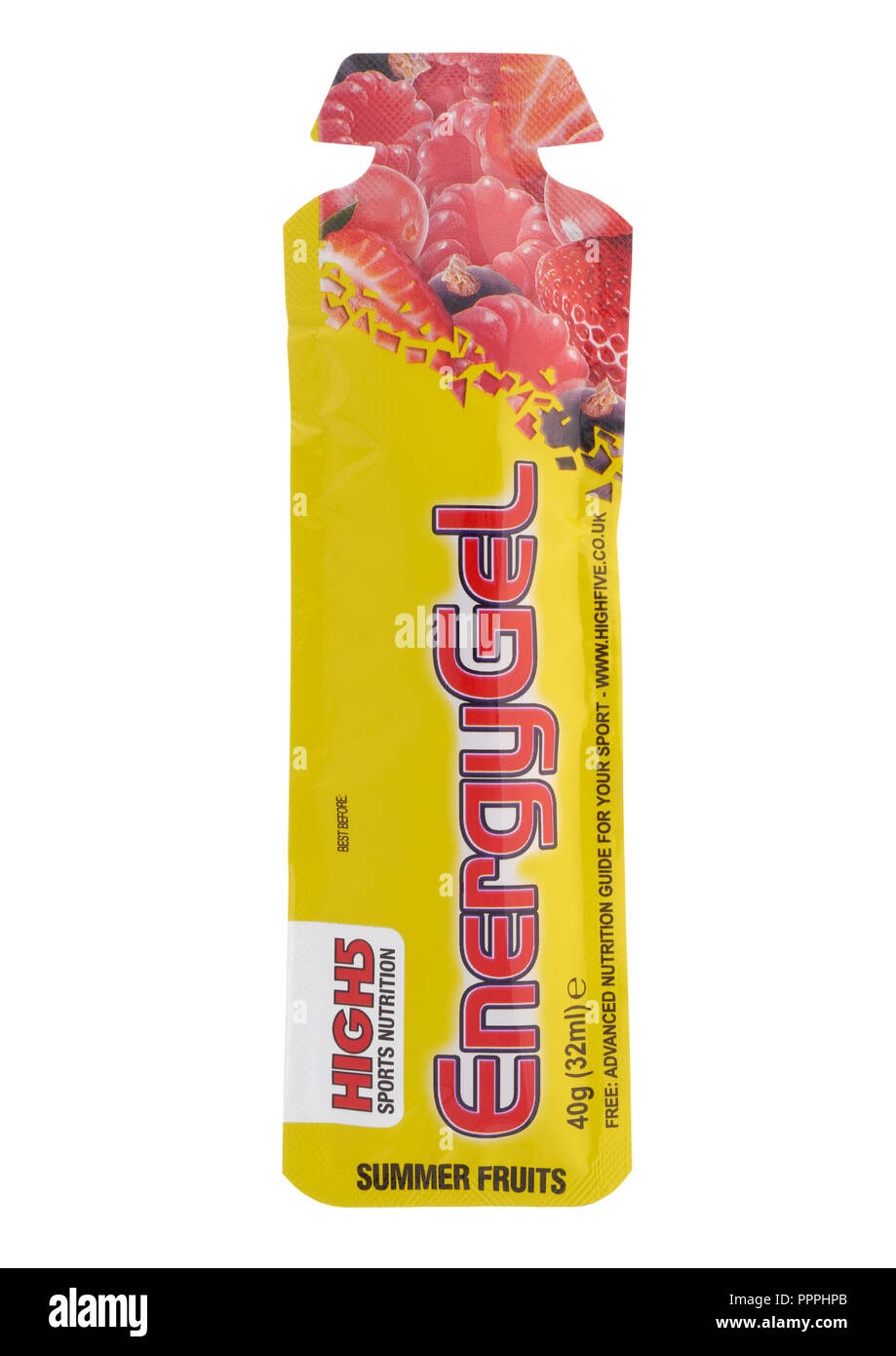 High 5 suumer fruits energy gel on white background Stock Photo