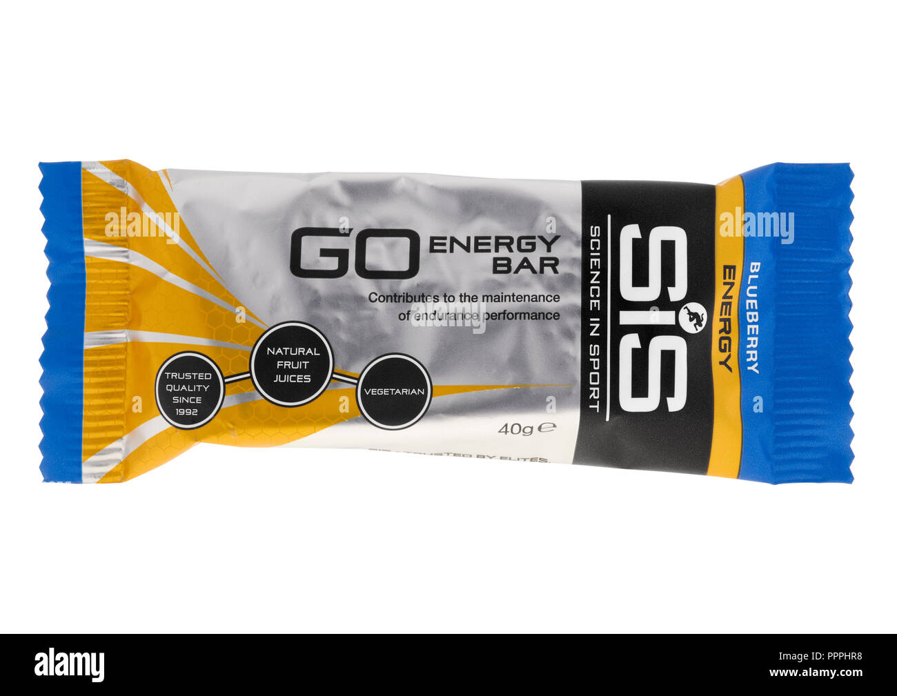 Science In Sport blueberry  Go energy bar on white background Stock Photo