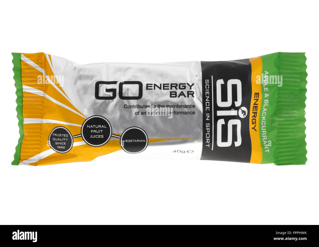 Science In Sport apple and blackcurrant Go energy bar on white background Stock Photo