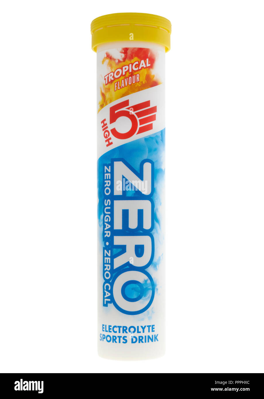 Tube of High 5 zero tropical flavour electrolyte tabs on white background Stock Photo