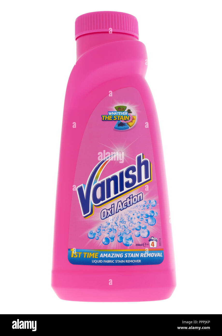 Bottle of Vanish oxi action stain remover liquid on white background