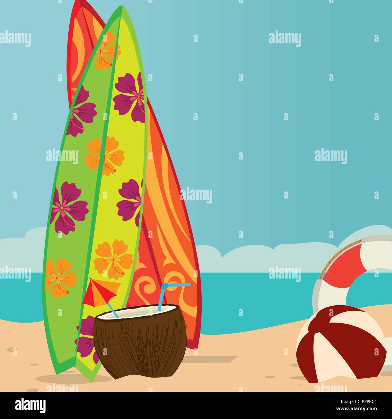 beach landscape with surf boards scene Stock Vector Image & Art - Alamy