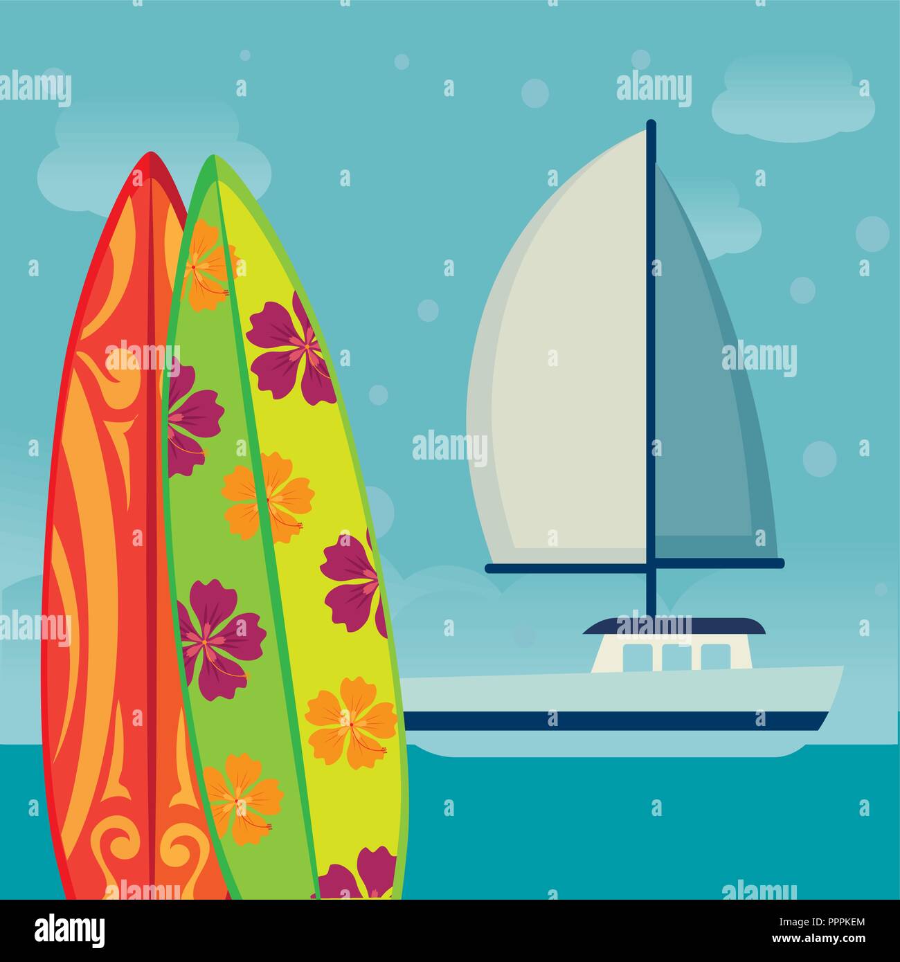 beach landscape with surf boards scene Stock Vector Image & Art - Alamy