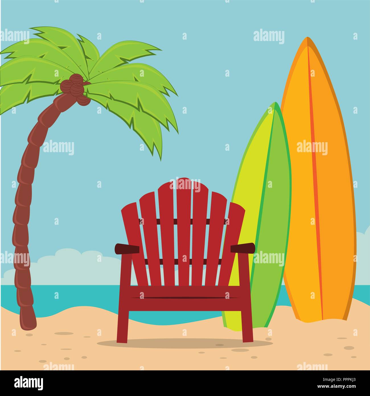 beach landscape with chair and surfboard Stock Vector Image & Art - Alamy