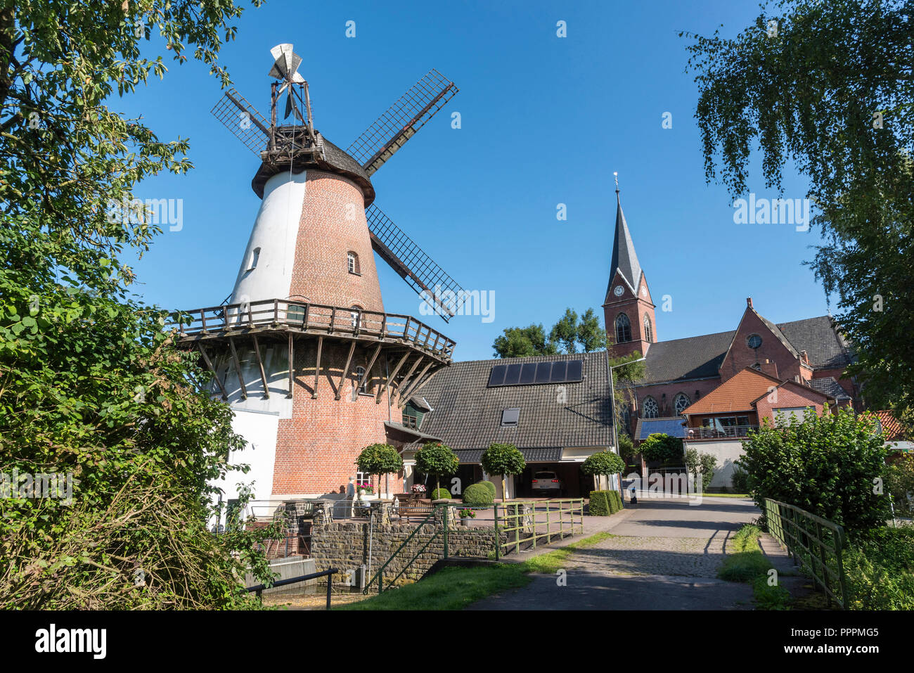 wind mill, water mill, Lahde, Petershagen, Minden-Luebbecke, East Westphalia-Lippe, North Rhine-Westphalia, Germany, windmill, watermill Stock Photo