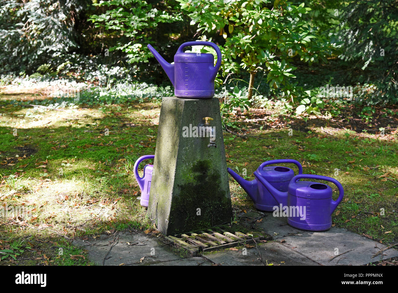 watering cans, watering place, Ostfriedhof, cemetery, Dortmund, Ruhr district, North Rhine-Westphalia, Germany Stock Photo