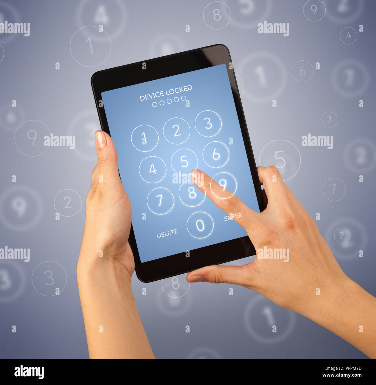 Female fingers touching tablet with locked device requiring passcode ...