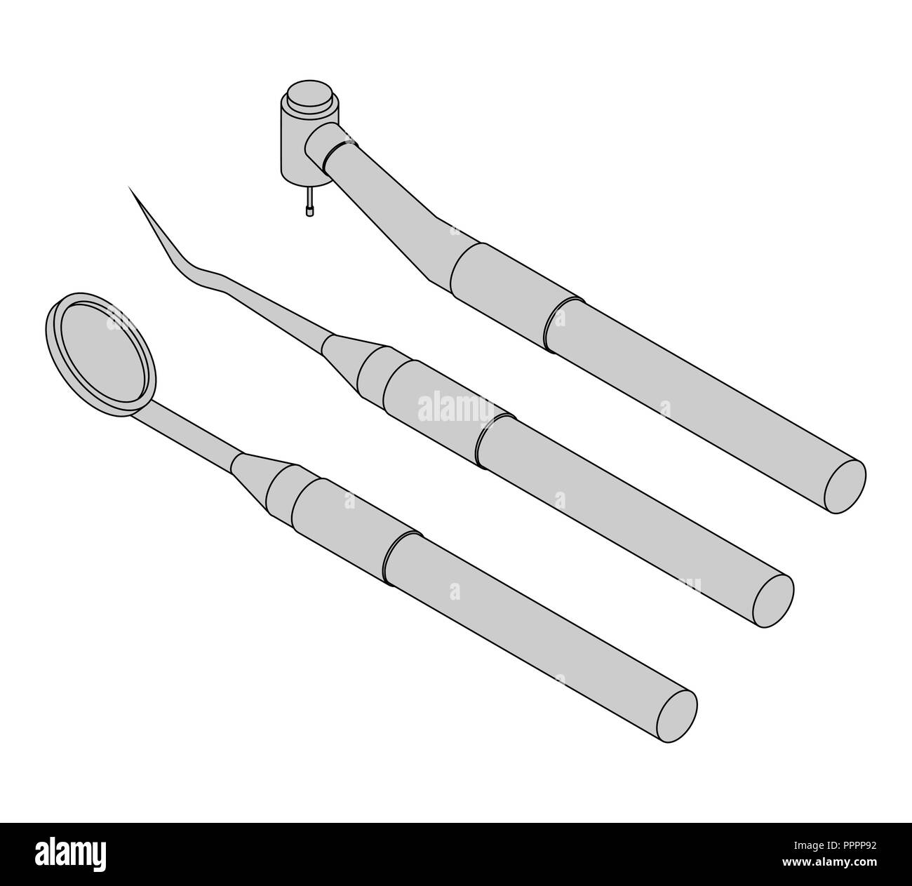 Dental tools set. Mirror, Drill and Probe isolated. Dentist treatment