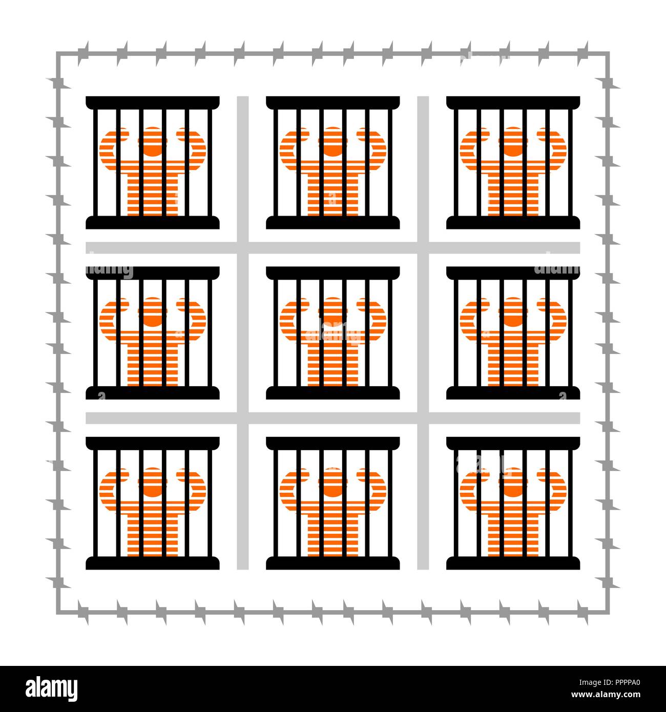 Jail symbol. Prisoner in prison. Perpetrator and bars on windows. Barbed wire around perimeter Stock Vector