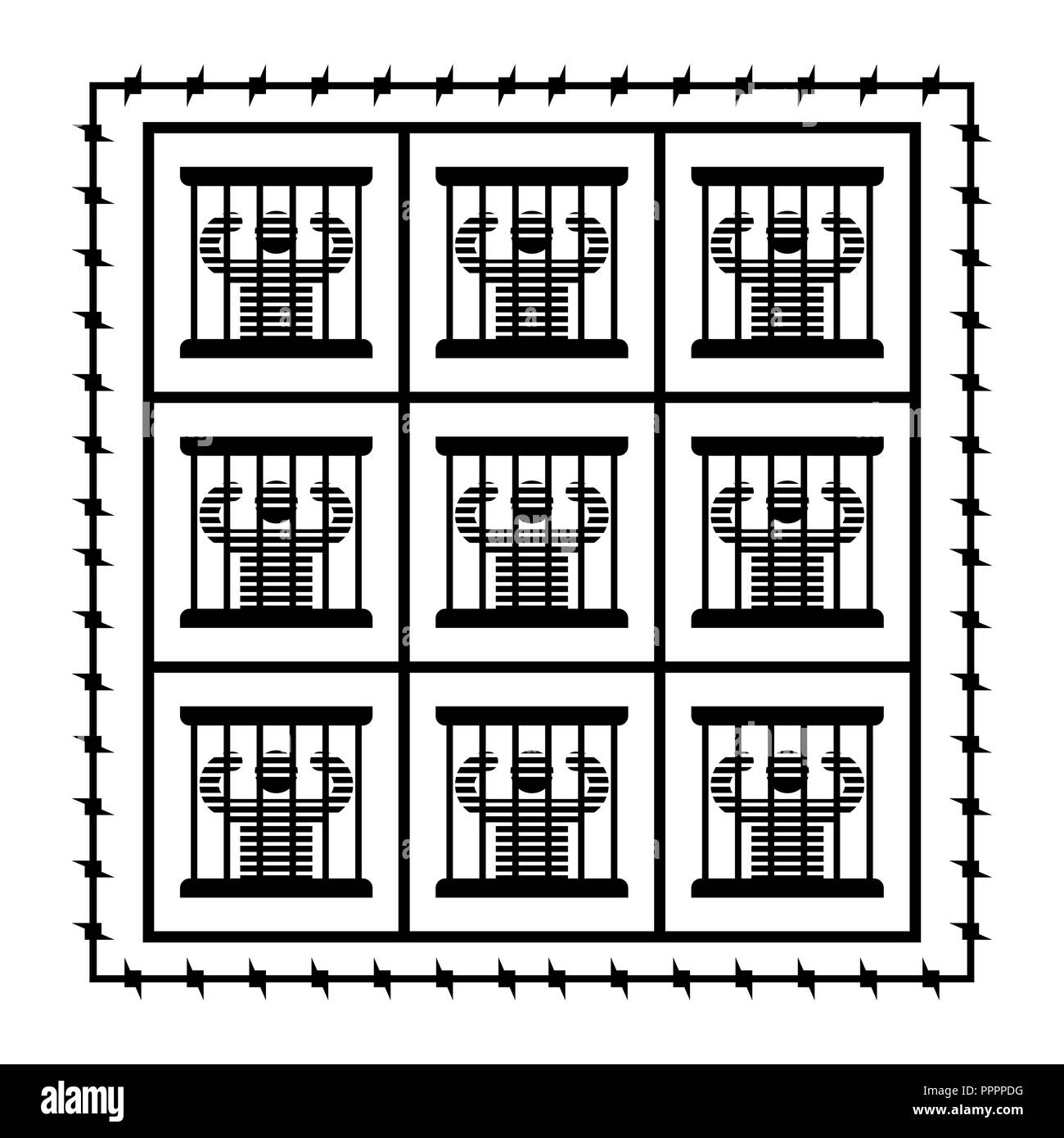 Jail symbol. Prisoner in prison. Perpetrator and bars on windows. Barbed wire around perimeter Stock Vector