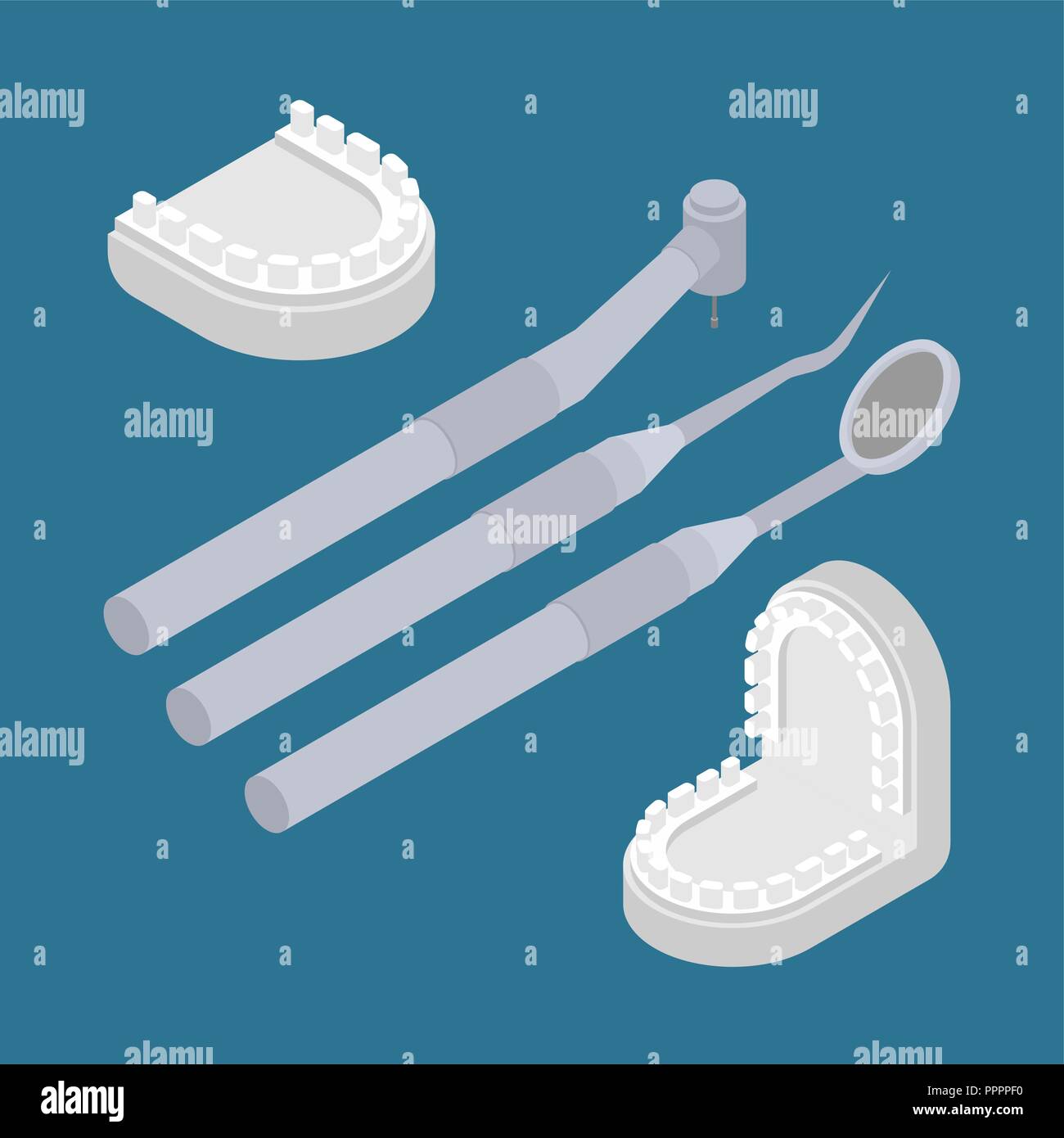 Gypsum jaw for dentist and tools. Cast of teeth. Dentist treatment