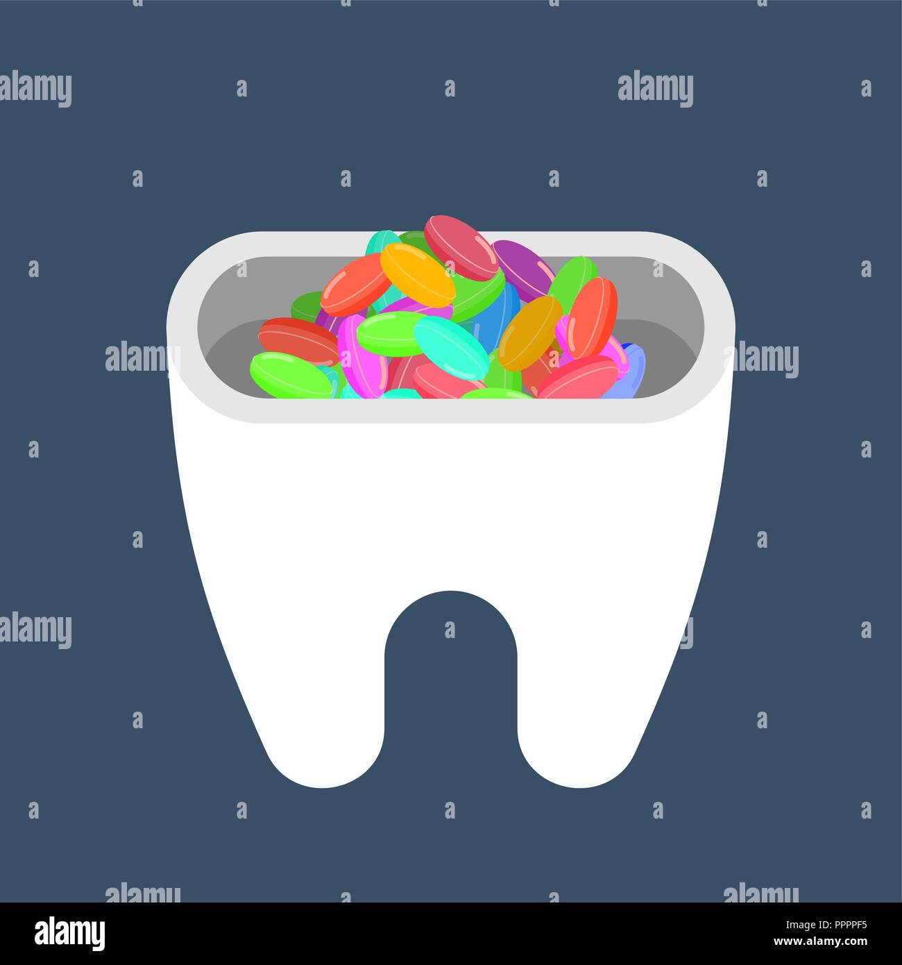 Hole in tooth and candy. Teeth ache from sweet. Caries. Dentist vector illustration Stock Vector