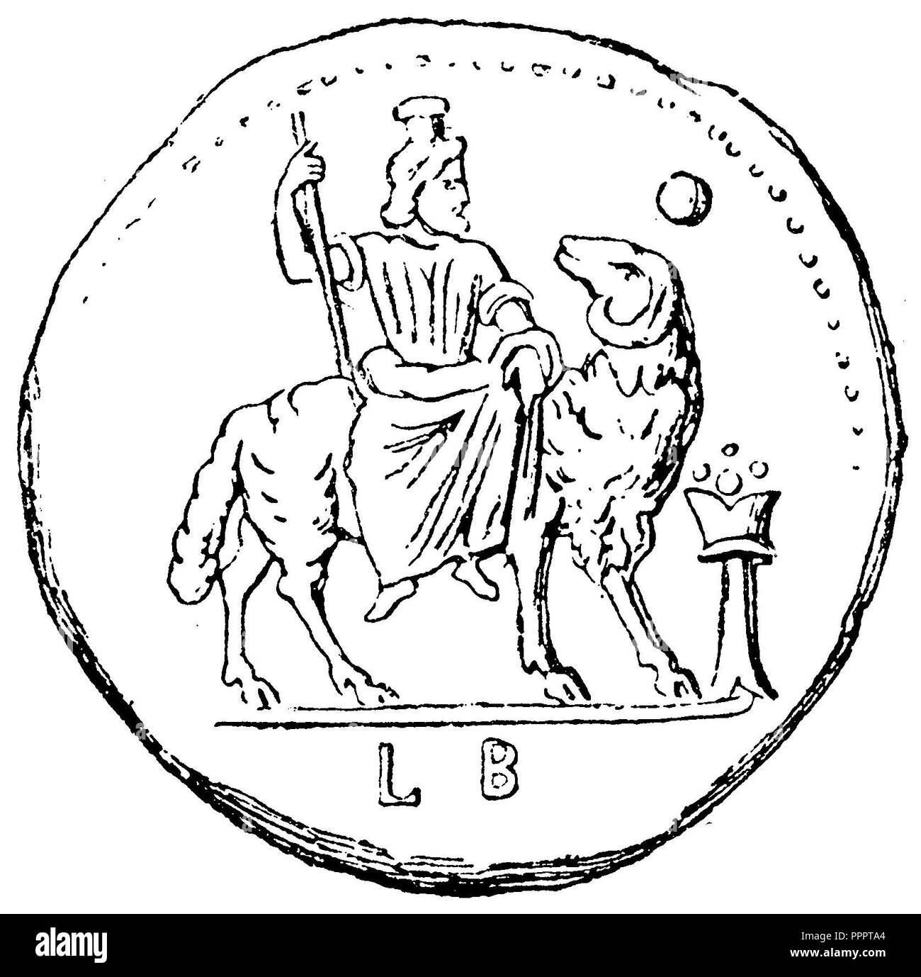 Ben's Ammon. Lapel of a bronze coin of Alexandreia. The god is depicted sitting on the ram with the scepter in his hand and the bushel on his head. In front of the ram is an altar, Stock Photo