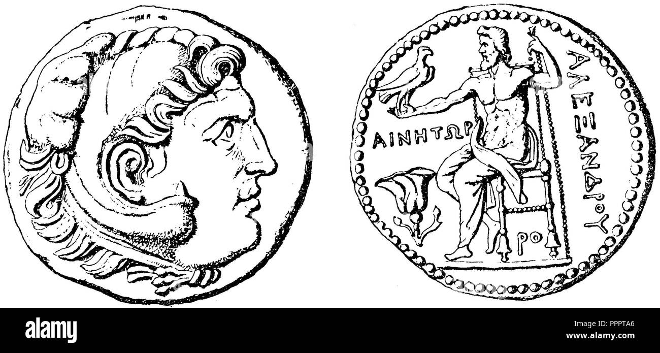 Silver coin (Dierdrachmenstück) Alexander the Great. Original in the British Museum in London. On the obverse Herakles, on the back of the throne Zeus, Stock Photo