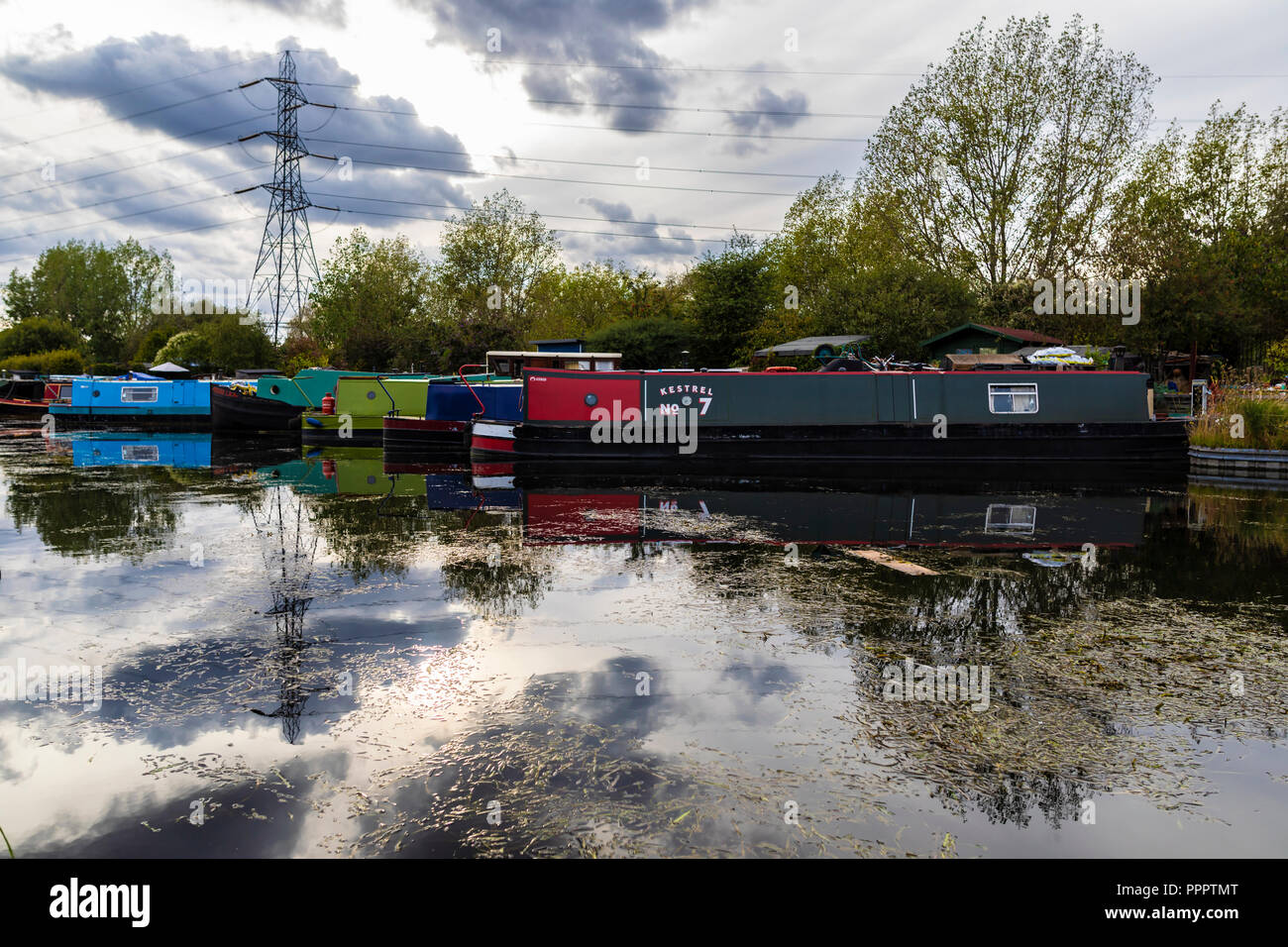 London, United Kingdom - September 15, 2018: View of houseboats docked on the river Thames alongside the Lea Valley Walk. Stock Photo
