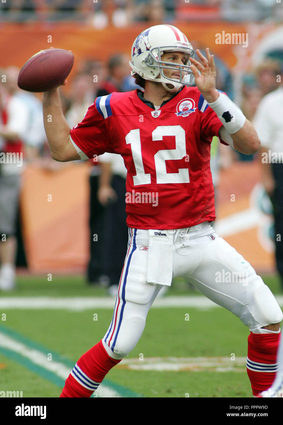 New England Patriots quarterback Tom Brady passes for 352 yards, two touchdowns and two interceptions against the Miami Dolphins at Landshark stadium in Miami on December 6, 2009. Stock Photo