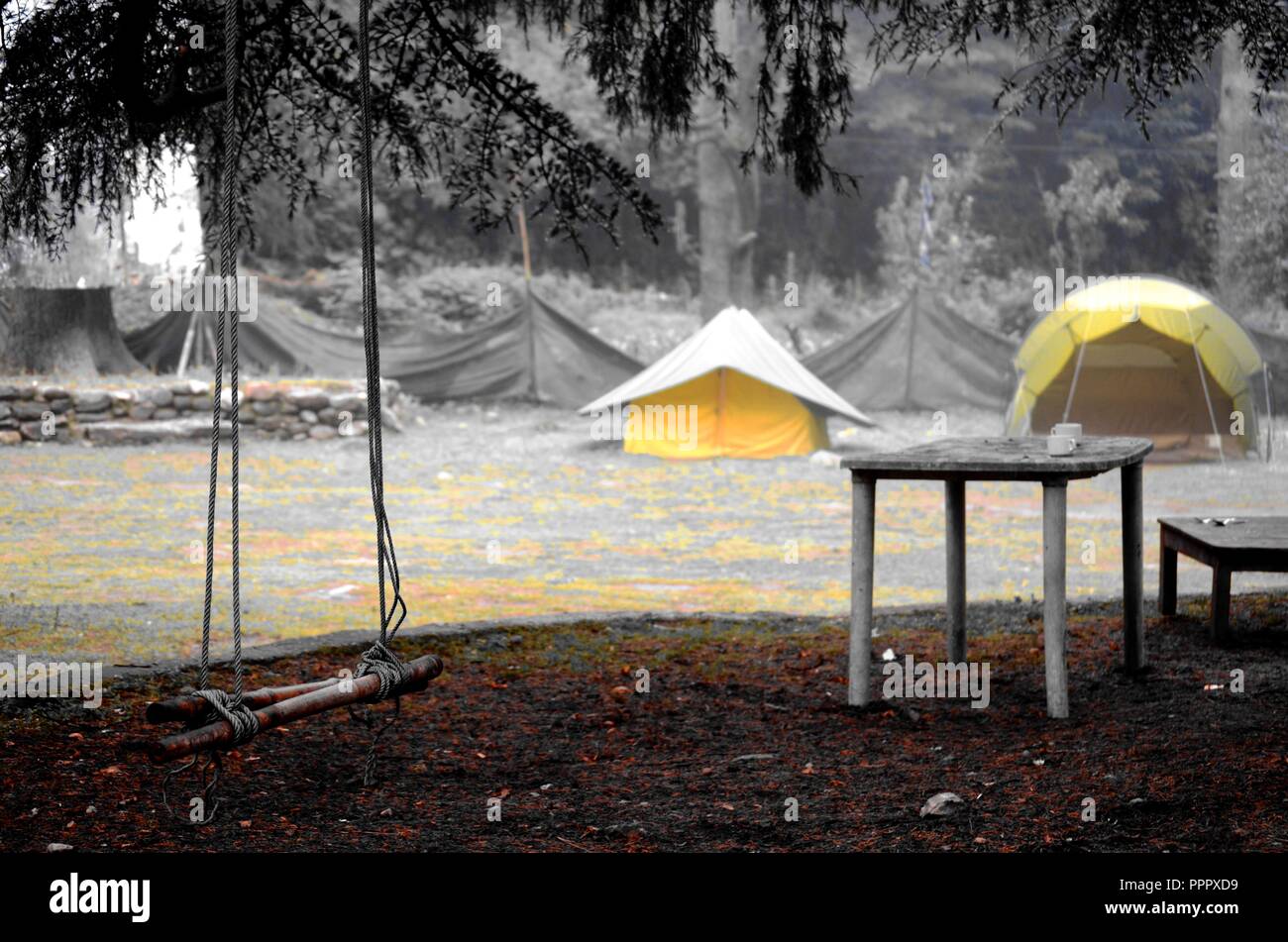 Monochrome Morning at Camp, Kasol-India Stock Photo