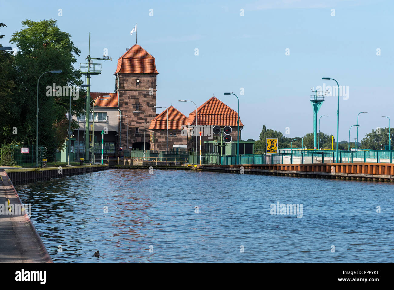lock, water gate, Midland Canal, river Weser, Minden-Luebbecke, East Westphalia-Lippe, North Rhine-Westphalia, Germany Stock Photo