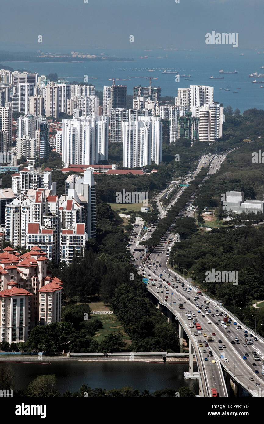 View of apartment buildings and road in Geylang, Singapore Stock Photo
