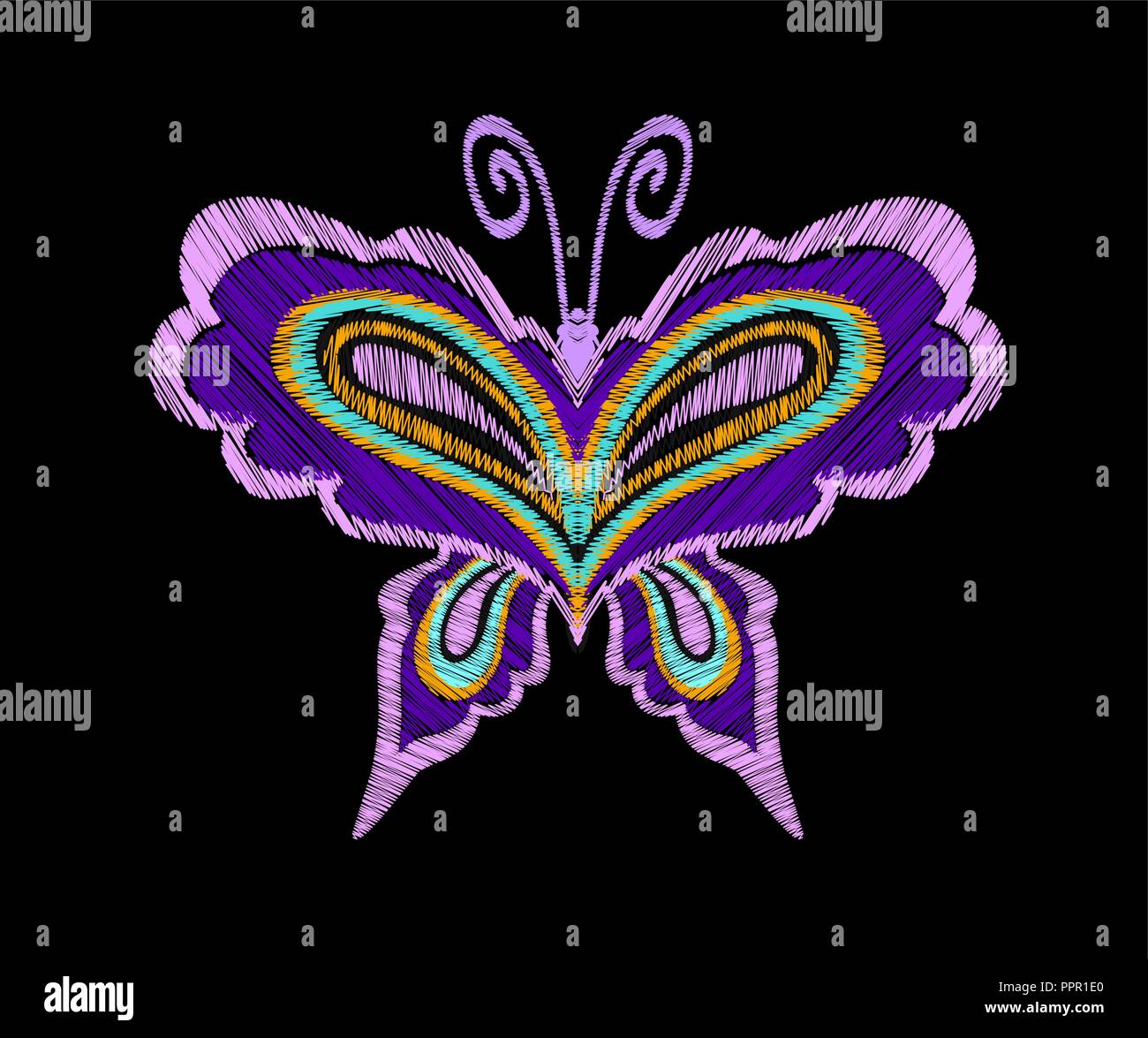 Butterfly embroidery pattern. Decorative element for embroidery, patches and stickers. Vector illustration in hand drawn style. Stock Vector