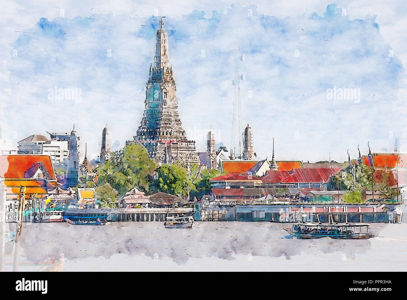 Watercolor illustration of Wat Arun, Bangkok, Thailand Stock Photo Alamy
