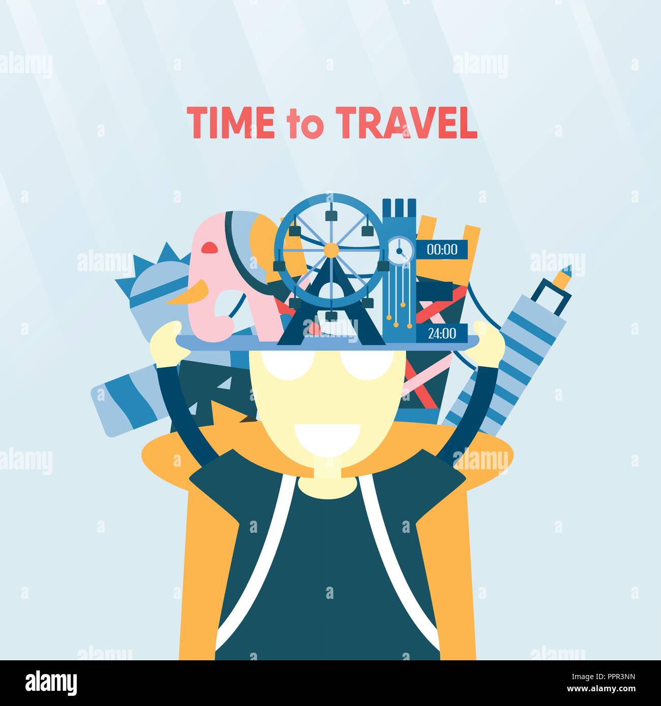 Poster design for travelling of the world isolated on blue background. Vector illustration for T-shirt, cover, banner, advertisement in flat style. Stock Vector