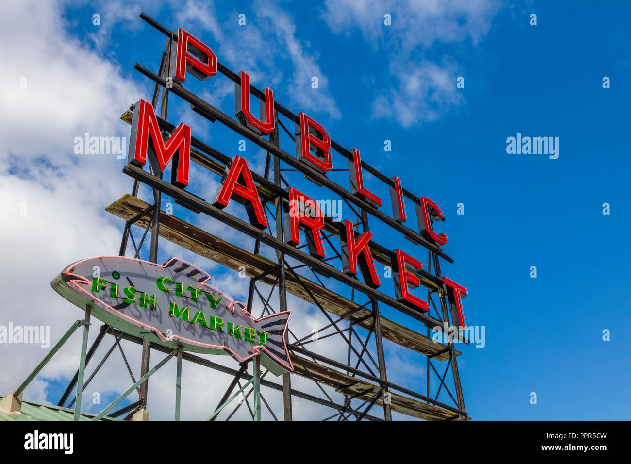 Pike Place Market isign n Seattle Washington one of the oldest continuously operated public farmers' markets in the United States Stock Photo