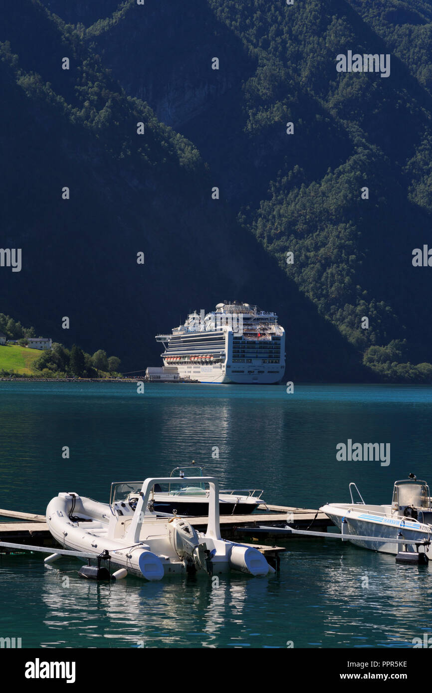 Cruise ship, Skjolden Village, Sognefjord, Sogn og Fjordane County, Norway Stock Photo