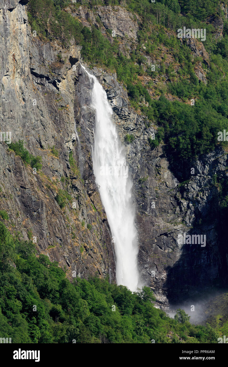 Waterfall, Lustrafjorden, Sogn og Fjordane County, Norway Stock Photo