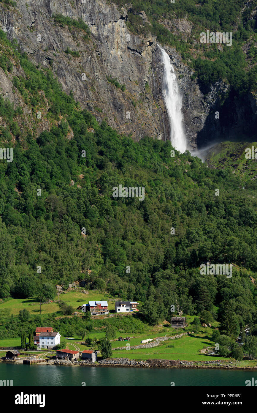 Farm & waterfall, Lustrafjorden, Sogn og Fjordane County, Norway Stock Photo