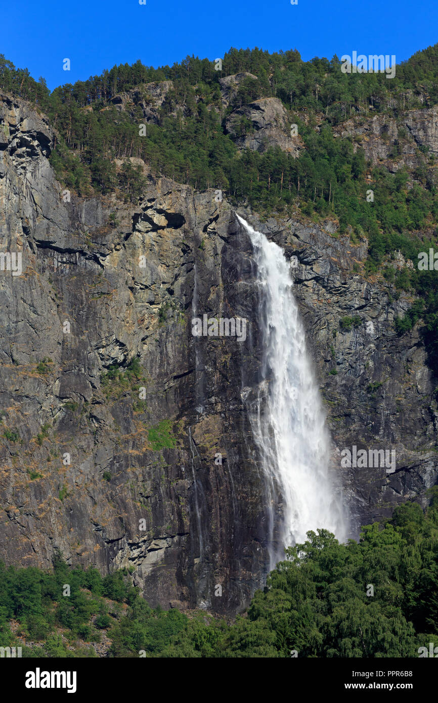 Waterfall, Lustrafjorden, Sogn og Fjordane County, Norway Stock Photo