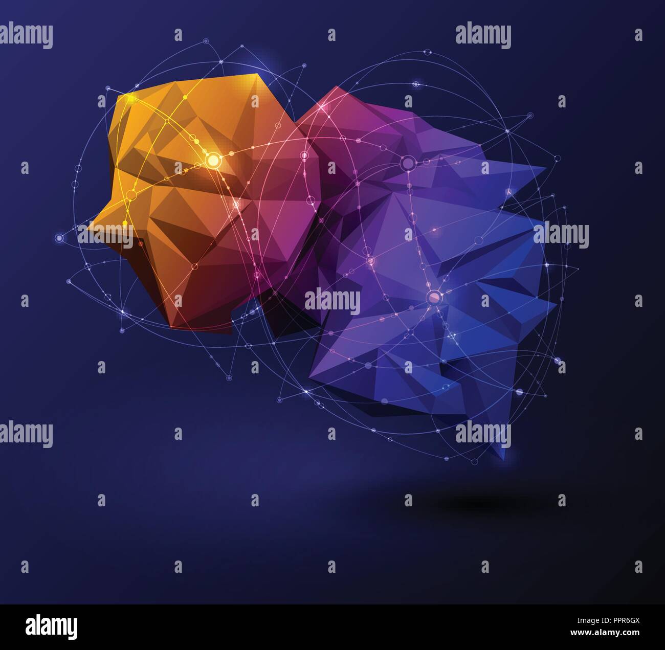 Vector 3D Illustration Geometric, Polygon, Line,Triangle pattern shape with molecule structure. Polygonal with blue purple, yellow on dark blue backgr Stock Vector